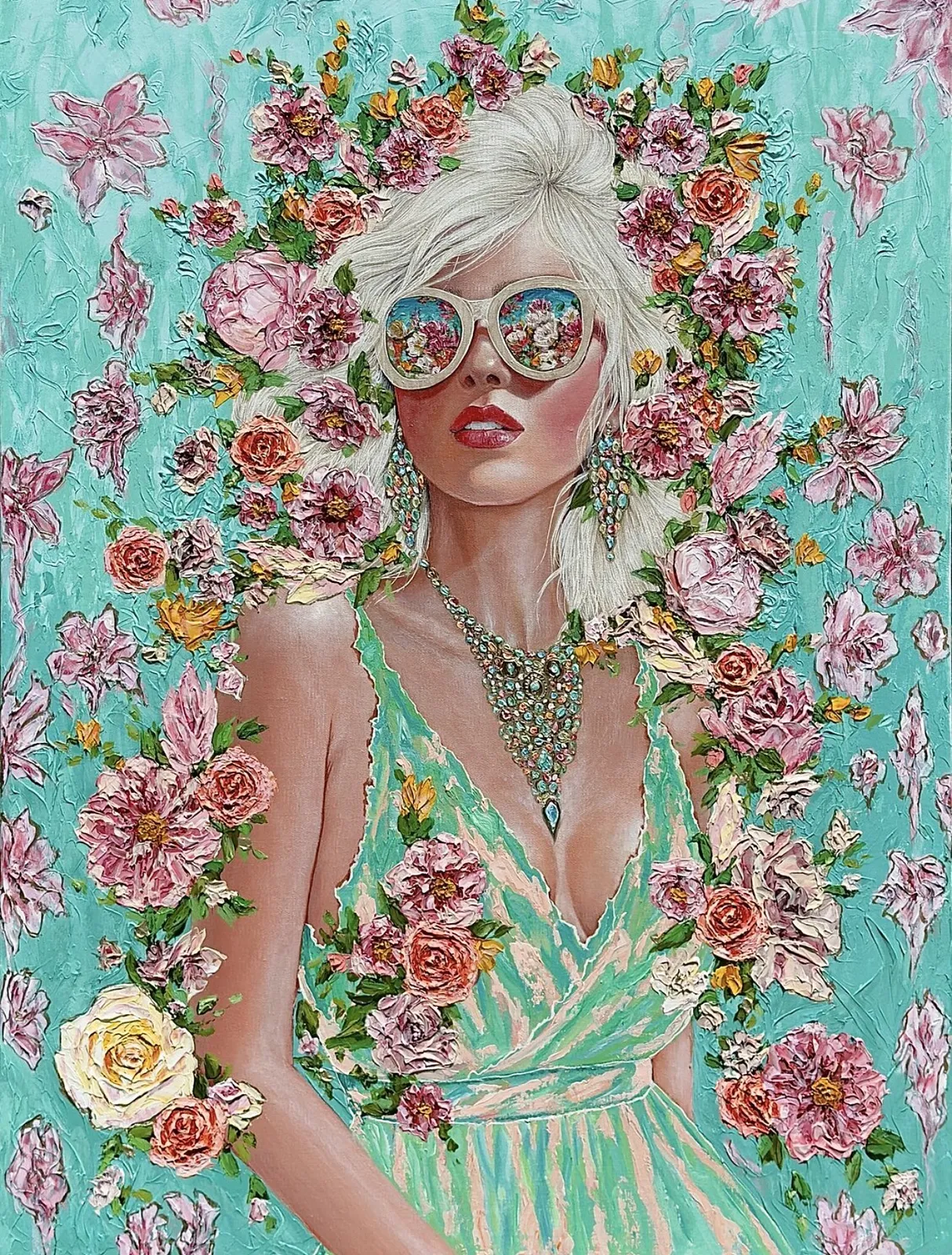 Bild von „Majesty of Forever Summer Youth“ von Elena Adele Dmitrenko, Größe: 48 x 36 in, hergestellt aus Acryl-Impasto auf Leinwand, Malerei Medium, aus Polen, Teil der Majestic Lady's Serie, zum Preis von $5200