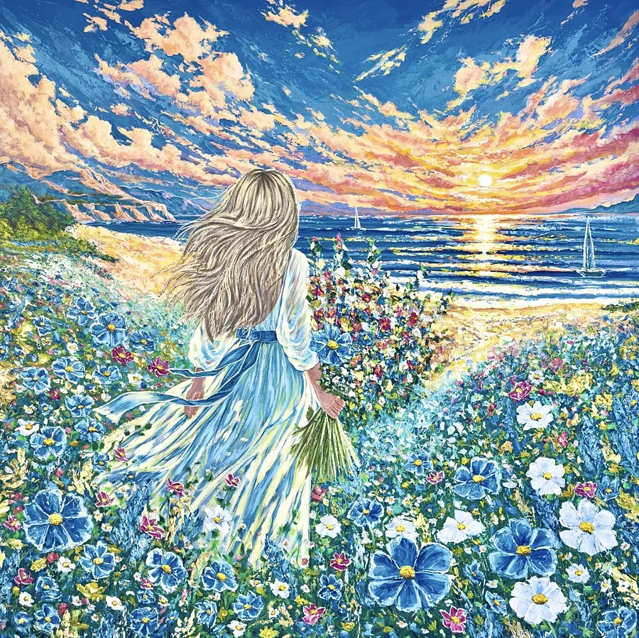 Image of Forever Summer by Elena Adele Dmitrenko, size: 48 x 48 in, made of impasto acrylic on canvas, Painting medium, from Poland, part of the Forever Moment's series, priced at $5200