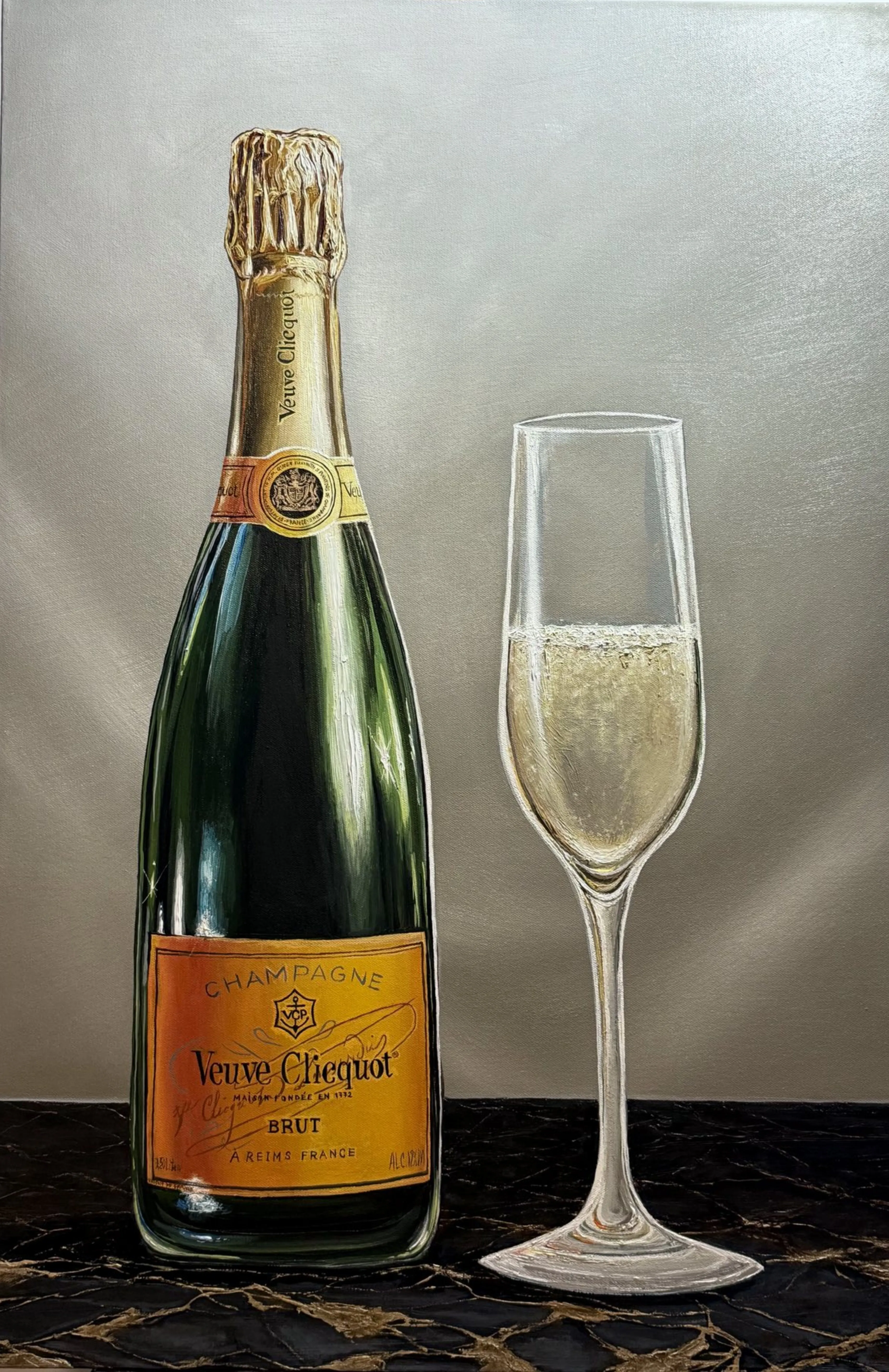 Image of Veuve Clicquot Brut by Elena Adele Dmitrenko, size: 36 x 24 inches, made of acrylic on canvas, Painting medium, from Naples, Florida, USA, part of the Still Life series, priced at $3600