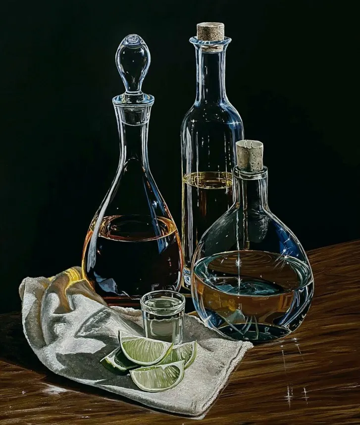 Obraz Martwa natura z butelkami autorstwa Elena Adele Dmitrenko, rozmiar: 40 x 34 inches, 100 x 85 cm, wykonany z akryl na płótnie, medium Malarstwo, z Ukraina, część serii Martwa natura, cena: $6200