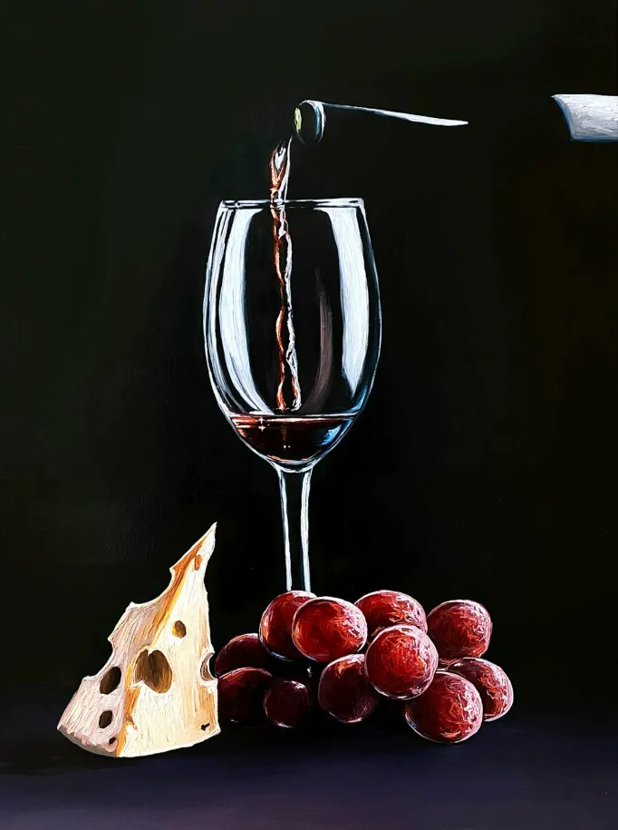 Imagen de Bodegón con vino tinto y queso de Elena Adele Dmitrenko, parte de la serie Naturaleza muerta