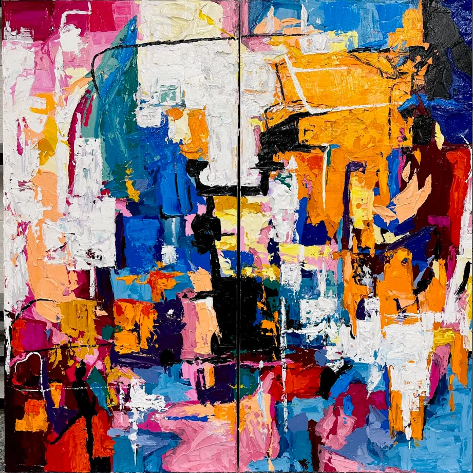 Obraz Wibrująca zaduma (dyptyk) autorstwa Elena Adele Dmitrenko, rozmiar: 48 x 48 in, wykonany z akryl impasto na płótnie, medium Malarstwo, z Naples, Floryda, USA, część serii Abstrakcja, cena: $5800