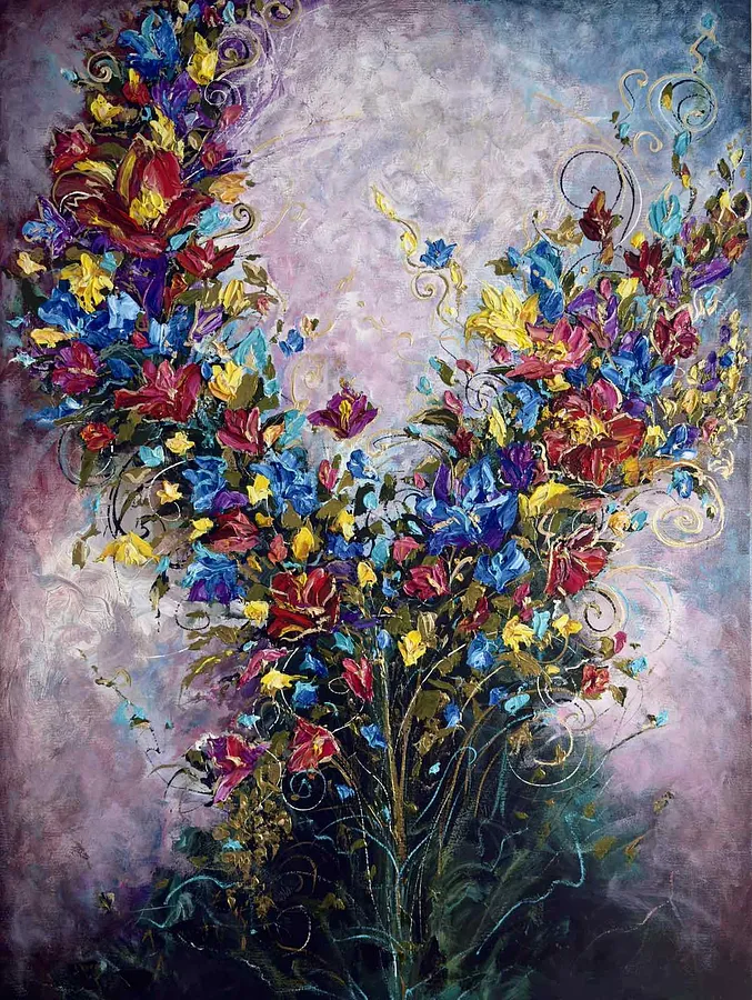 Image of Elegance  by Elena Adele Dmitrenko, size: 48 x 36 inches, made of Acrylic on canvas, Painting medium, from Poland, part of the Magic Garden series, priced at $2980