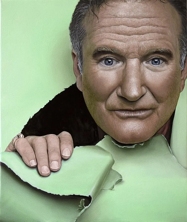 Image of Robin Williams portrait by Elena Adele Dmitrenko, size: 50 x 60 cm, 24 x 20 inches, made of oil on canvas, Painting medium, part of the Portrait's series, priced at $2400