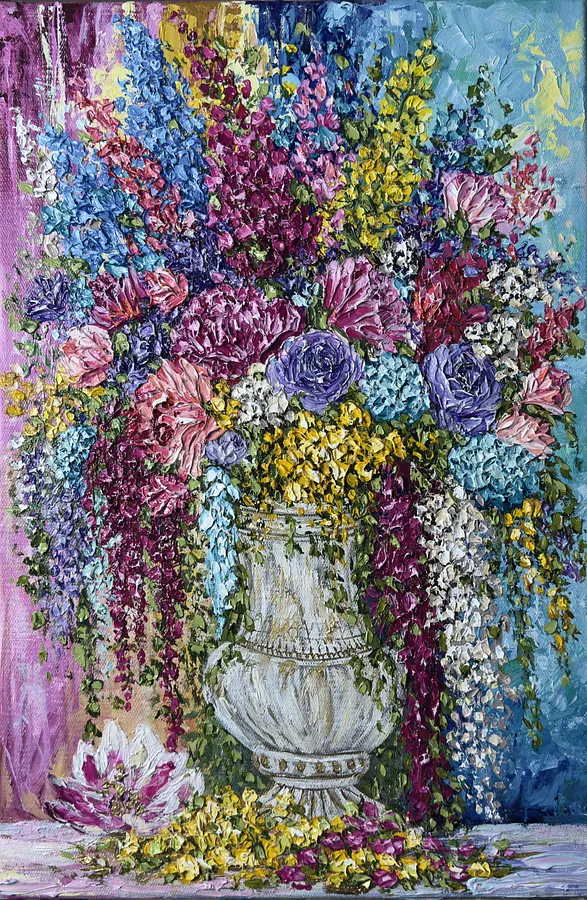 Image of Happiness by Elena Adele Dmitrenko, size: 60 x 40 cm, made of Acrylic impasto on canvas, Painting medium, part of the Magic Garden series, priced at $1280
